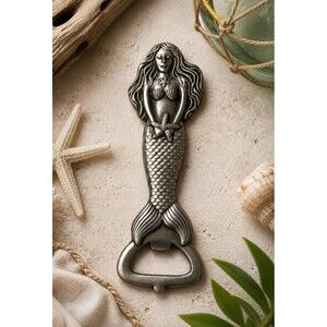 Vintage Mermaid Bottle Opener Pewter Style Nautical Bar Tool 4.5” Coastal Decor